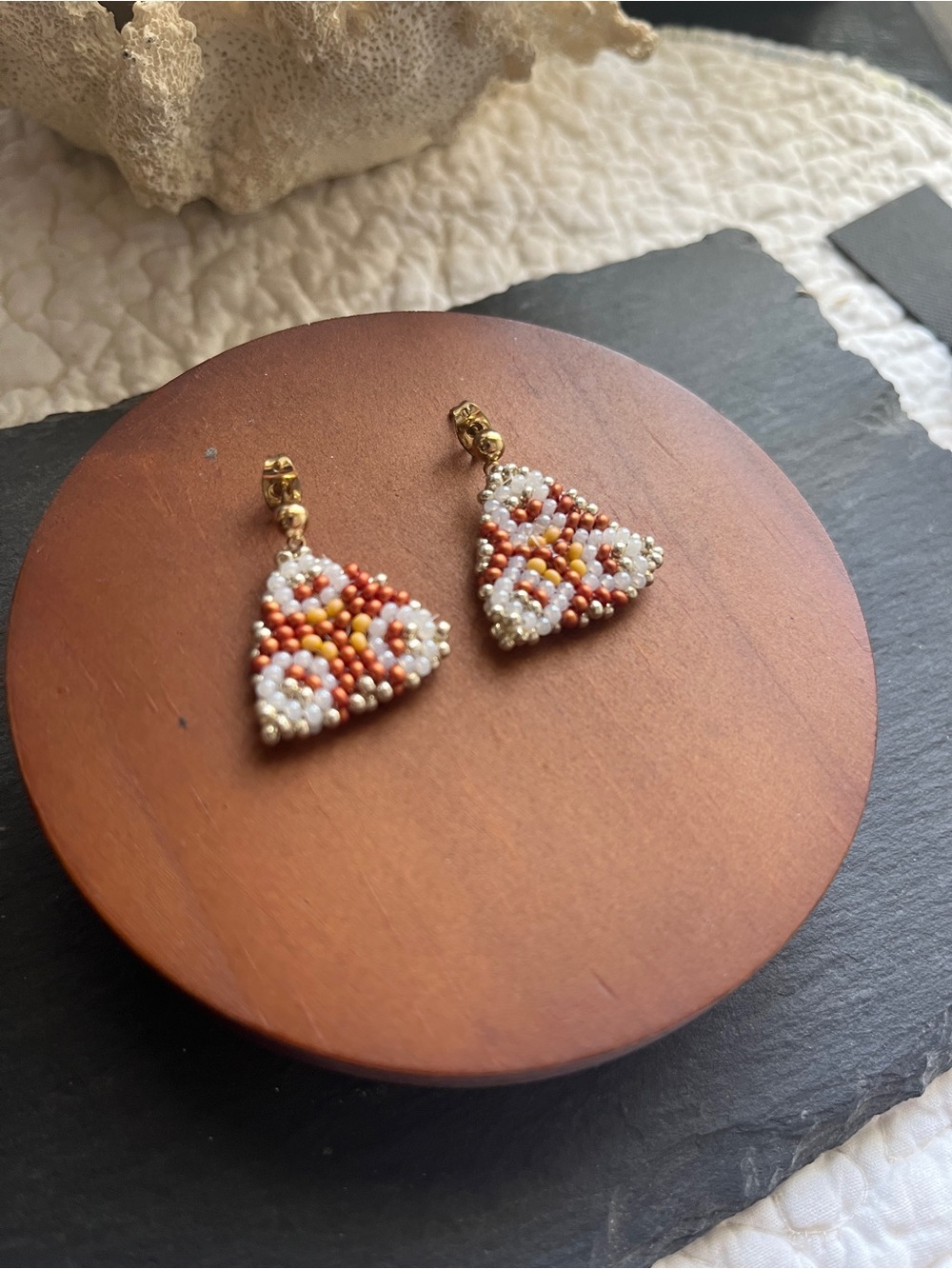 Handmade Beaded Triangle Drop Earrings - White & Copper Color